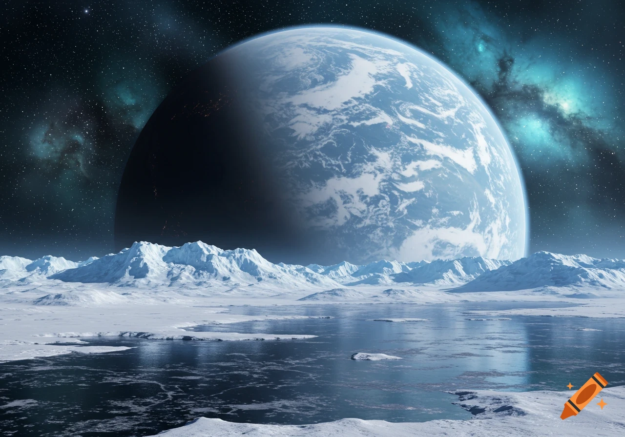A frozen landscape of snow and ice with a large planet and nebula in the night sky.