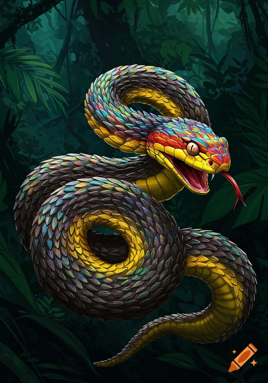 A colorful snake with iridescent scales coiled in a dark jungle setting.