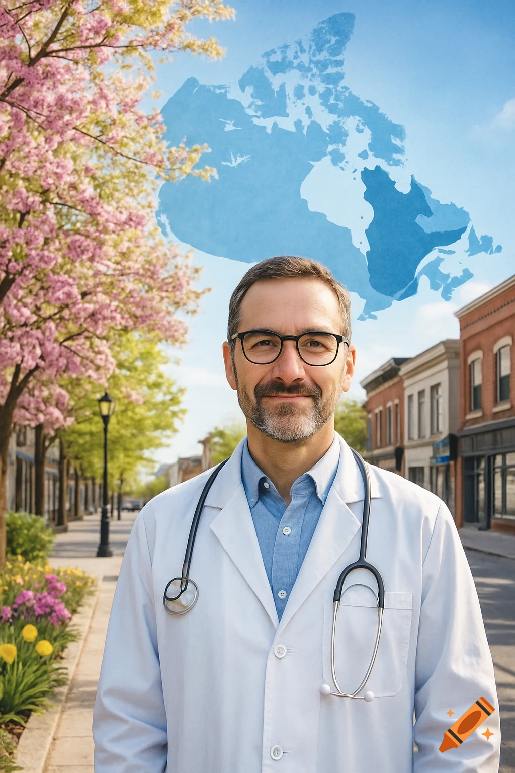 Doctor in white coat stands on a spring street with cherry blossoms and flowers, map of Canada overlayed.