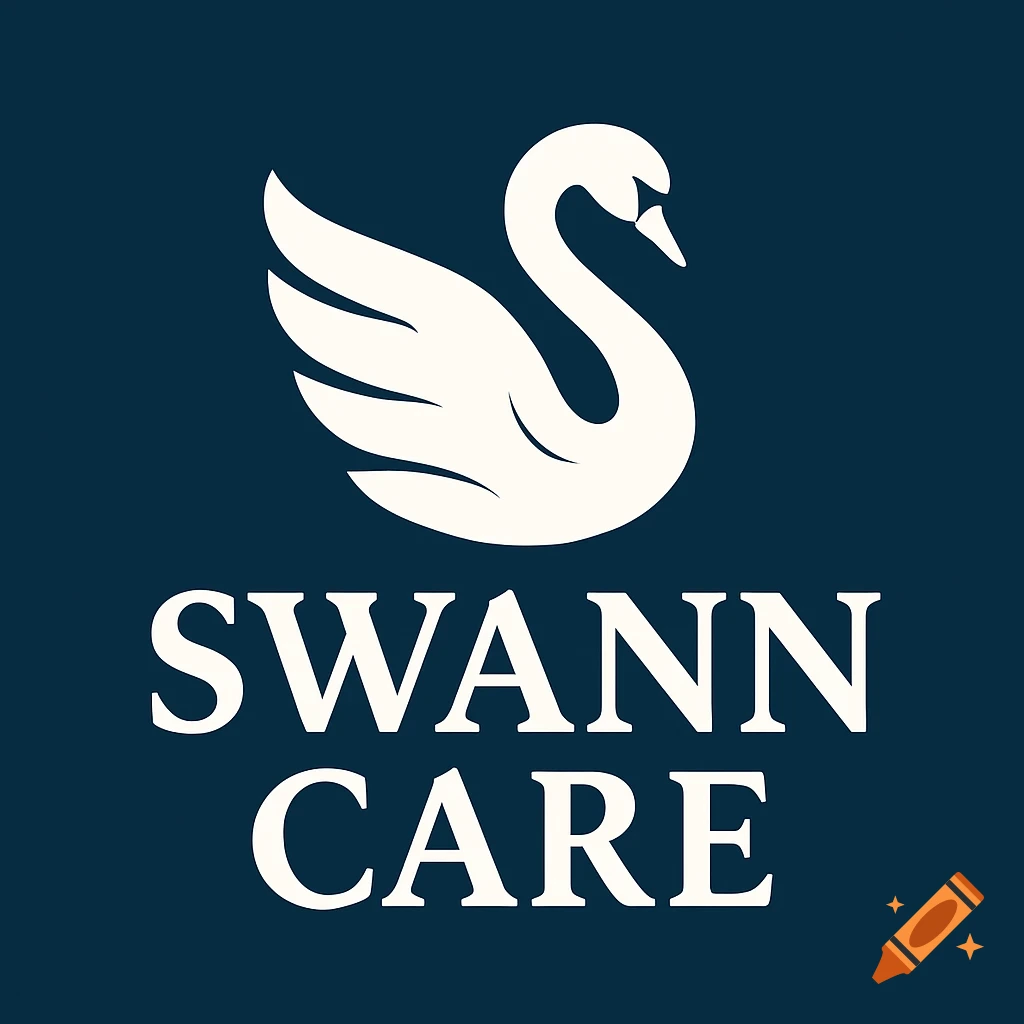 A white swan above the text SWANN CARE on a dark blue background.