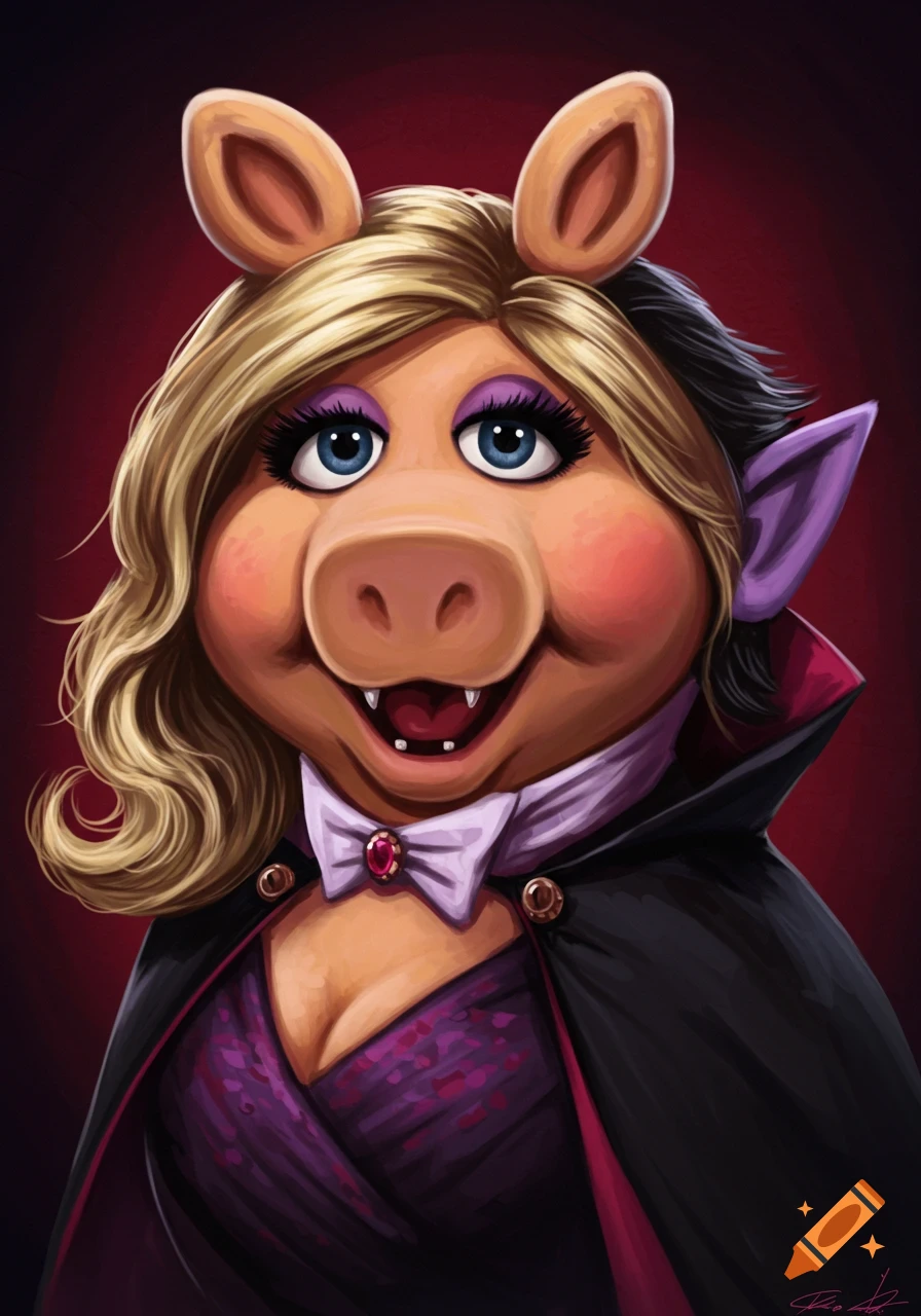 Digital painting of Miss Piggy and Count von Count morphed into a vampire.