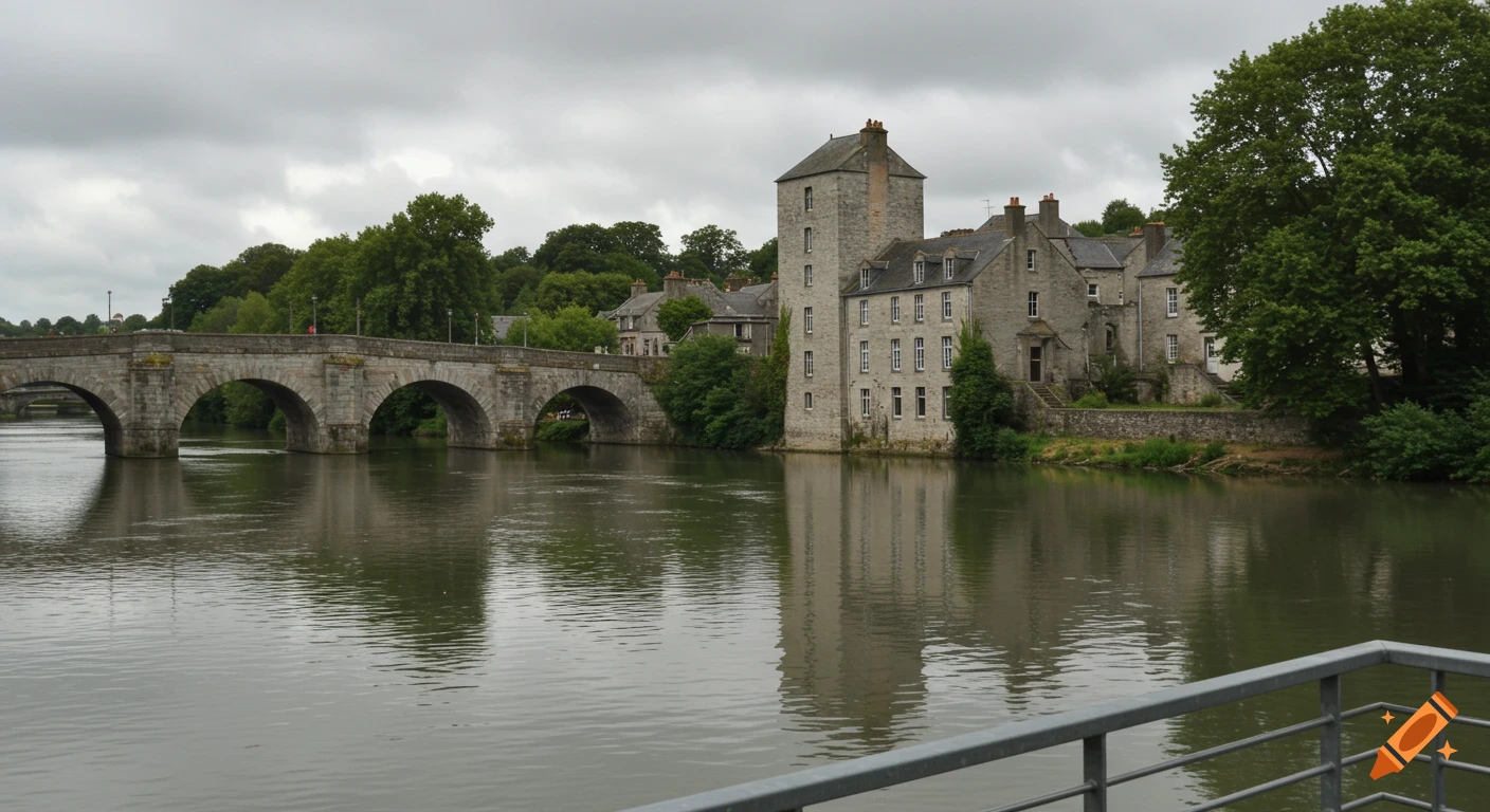 Stone bridge over a river next to old stone buildings under a cloudy sky.