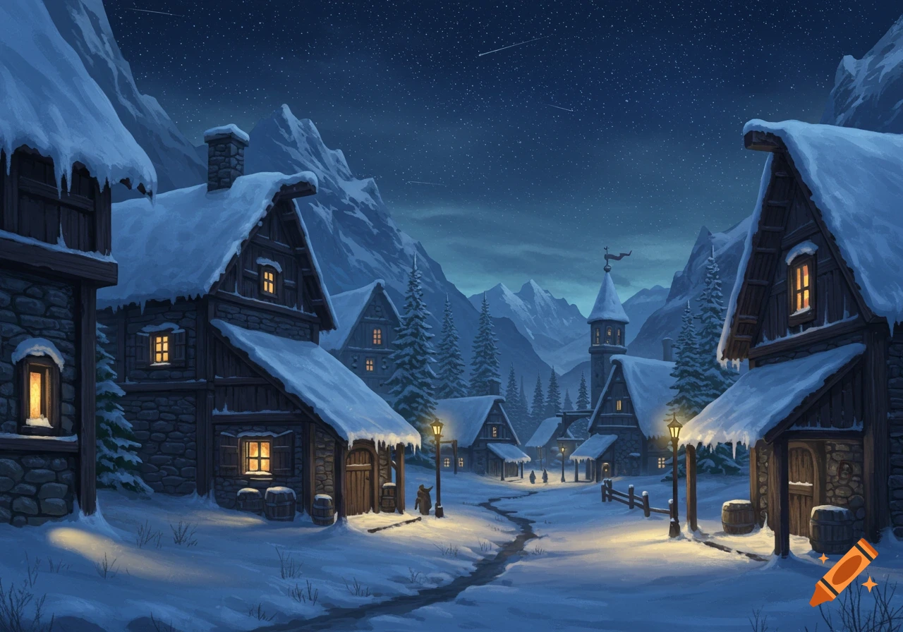 Concept art of a snowy village nestled in mountains under a starry night sky