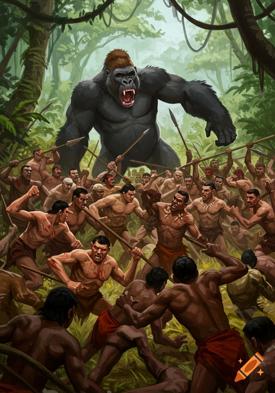 Illustration of a giant gorilla confronting a large group of tribal warriors with spears in a dense jungle.