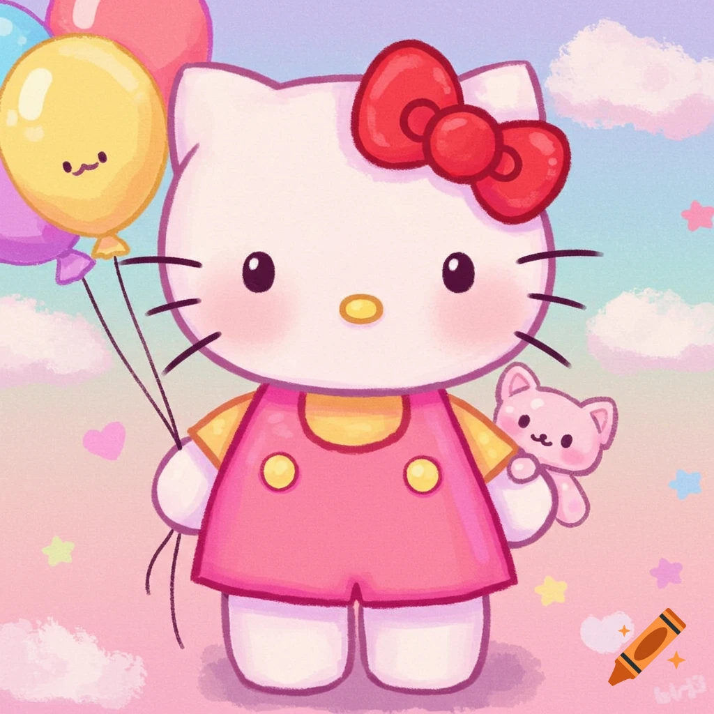 Cartoon illustration of Hello Kitty holding balloons and a toy cat.