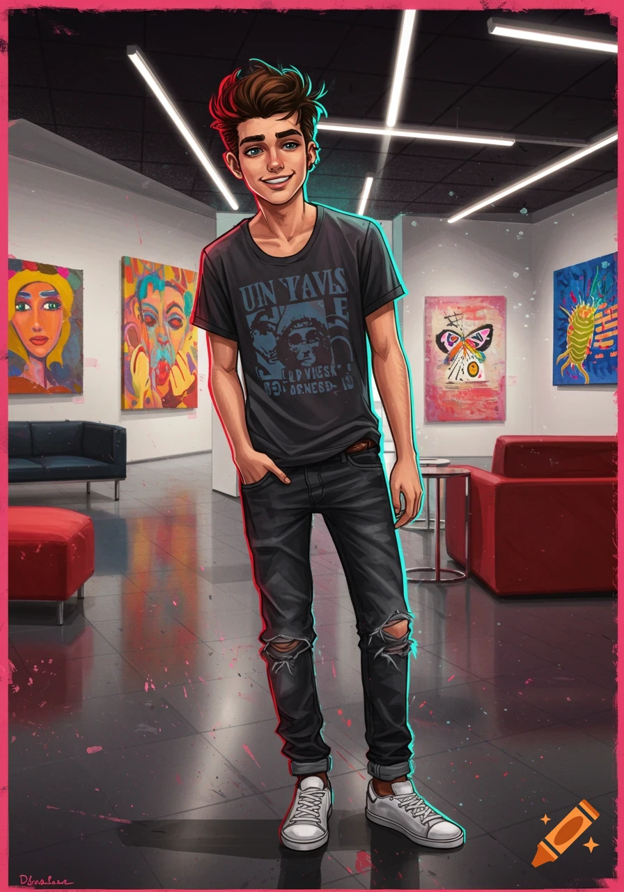 Illustration of a young man in a dark t-shirt and ripped jeans standing in an art gallery.