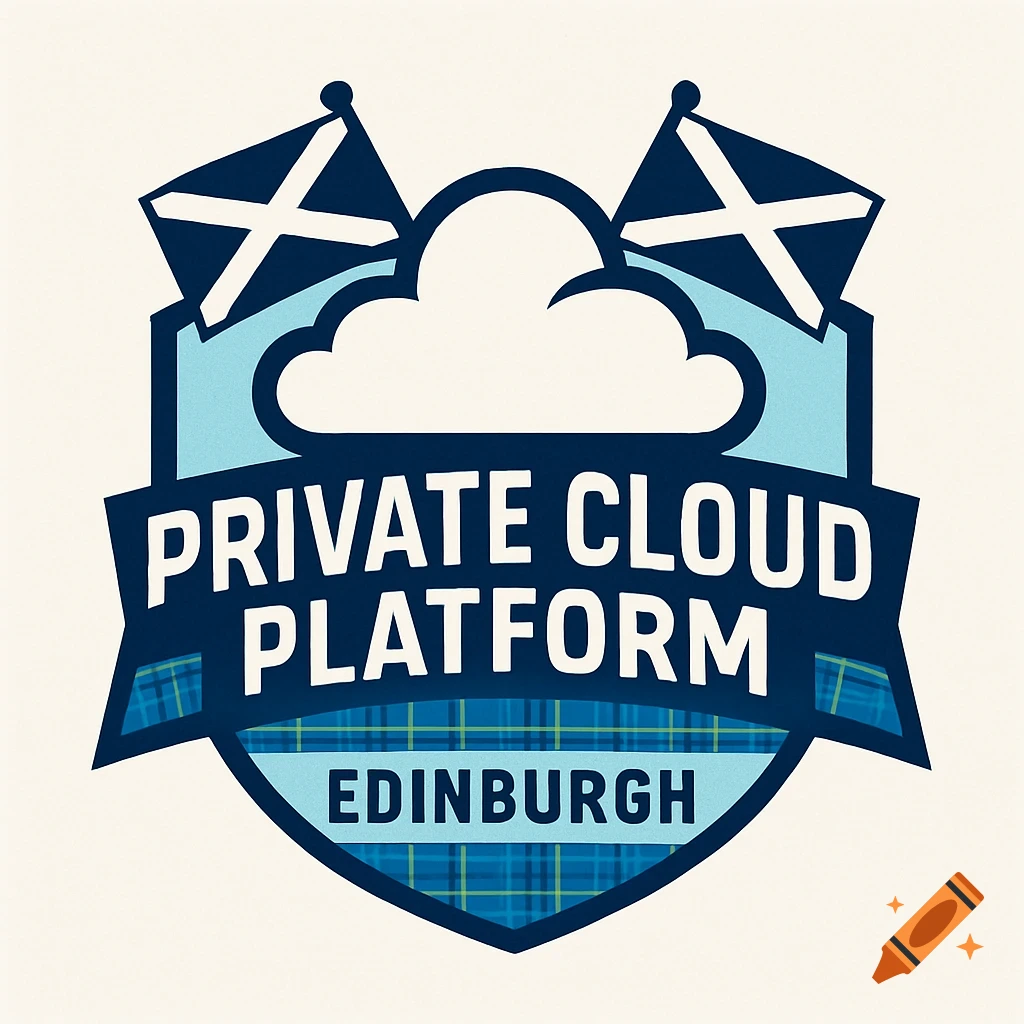 Logo with shield shape, Scottish flags, cloud, and text 'Private Cloud Platform Edinburgh' over tartan pattern.