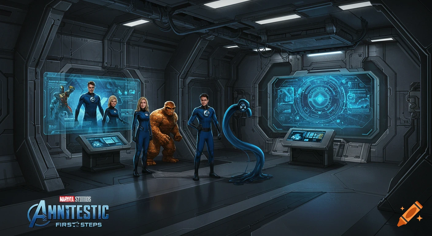 The Fantastic Four (Reed Richards, Sue Storm, Thing, Mr. Fantastic) in a futuristic lab with screens.