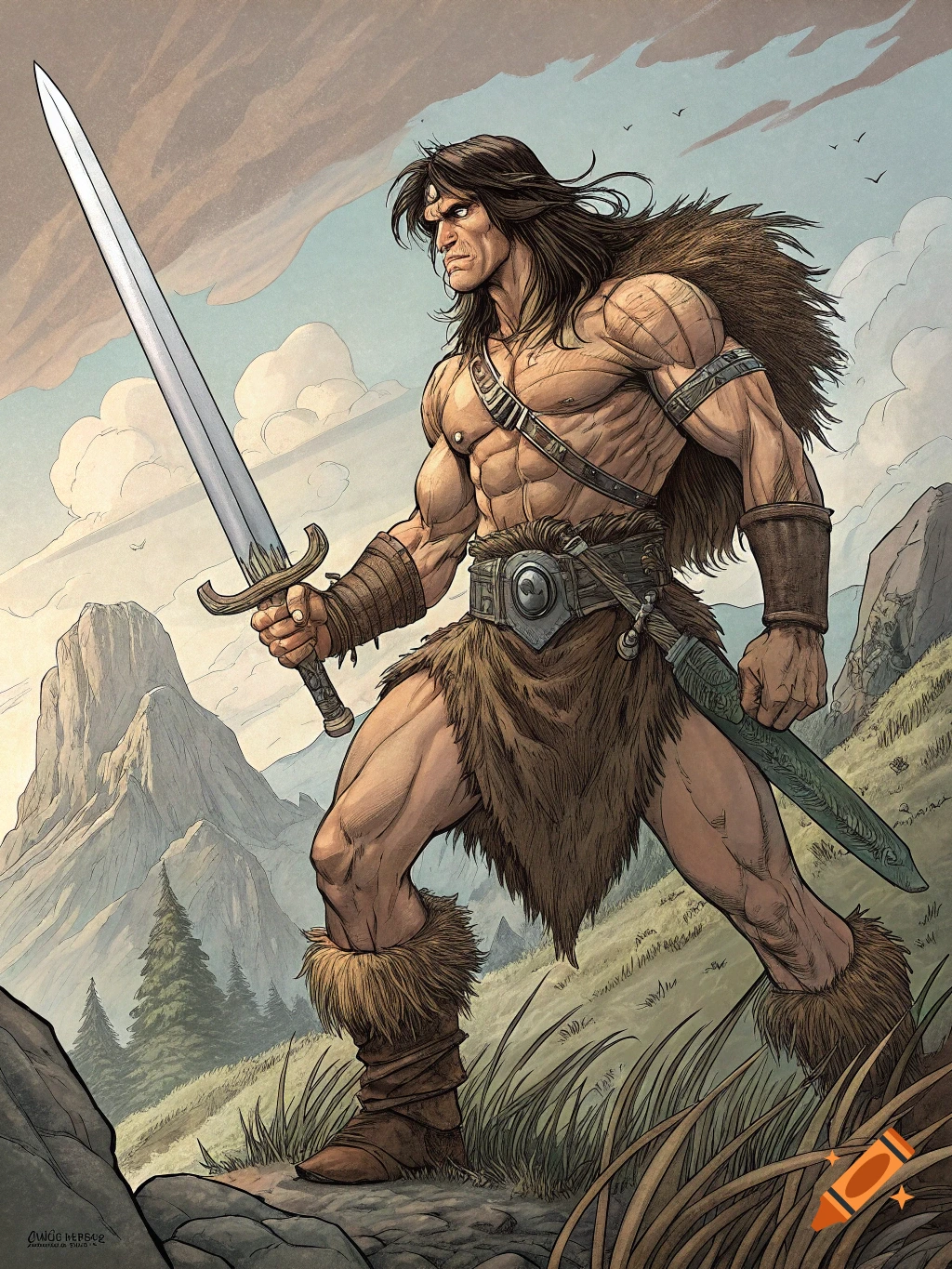 Muscular barbarian holding a sword in a mountainous landscape, comic art style.