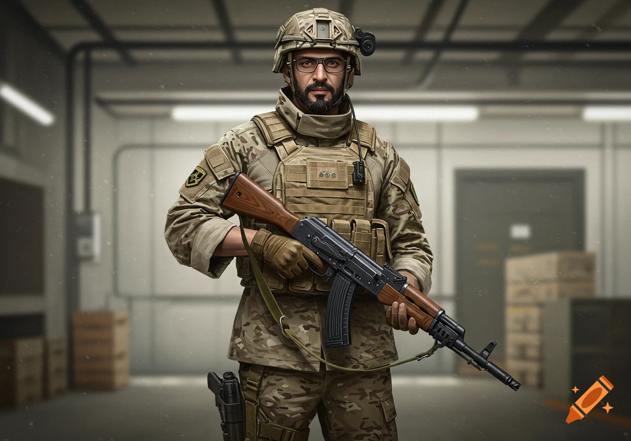 Man in military uniform and tactical gear holding a rifle
