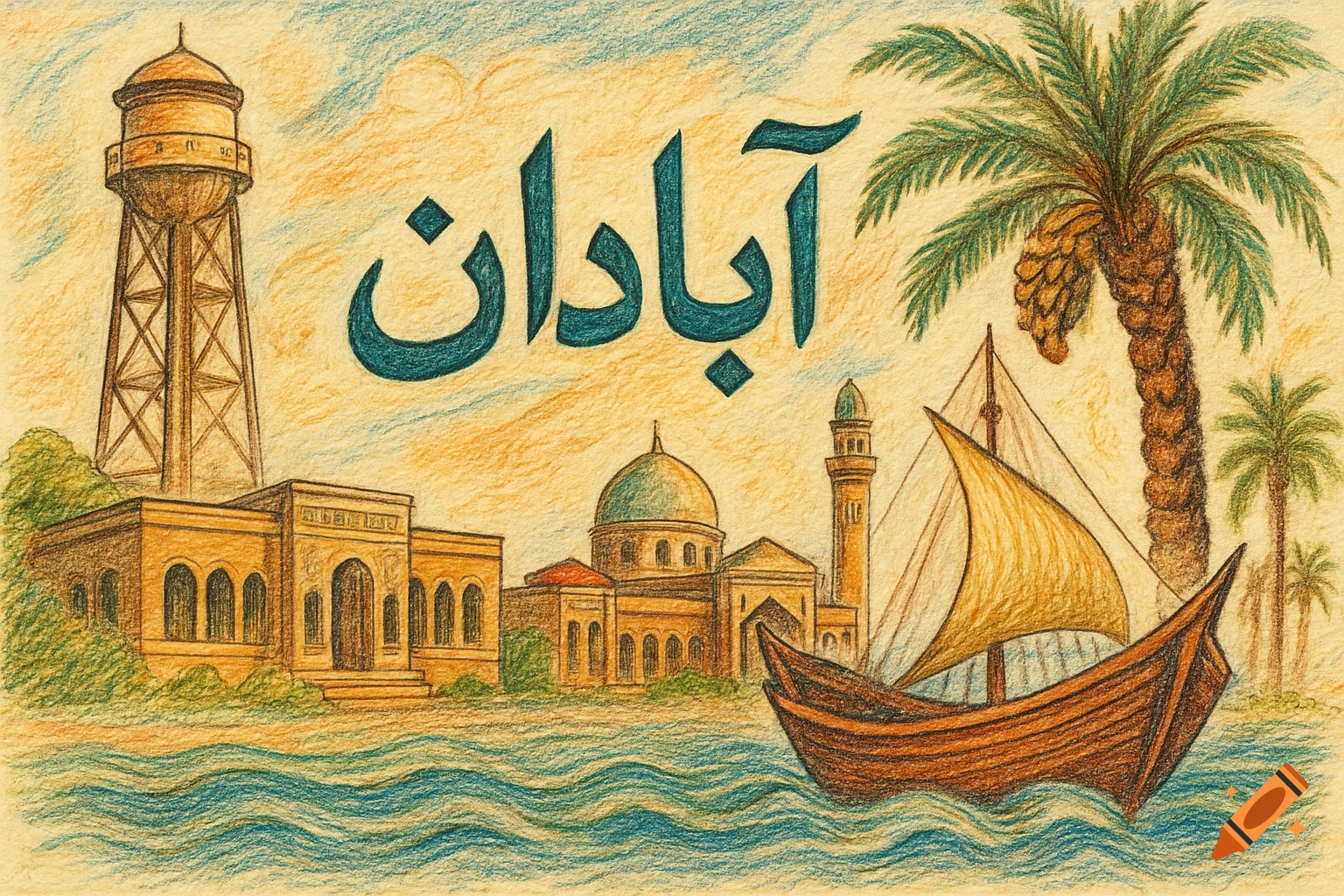 A colored pencil sketch of a coastal city with buildings, a water tower, a mosque, palm trees, and a boat, with the word "Abadan" written at the top.