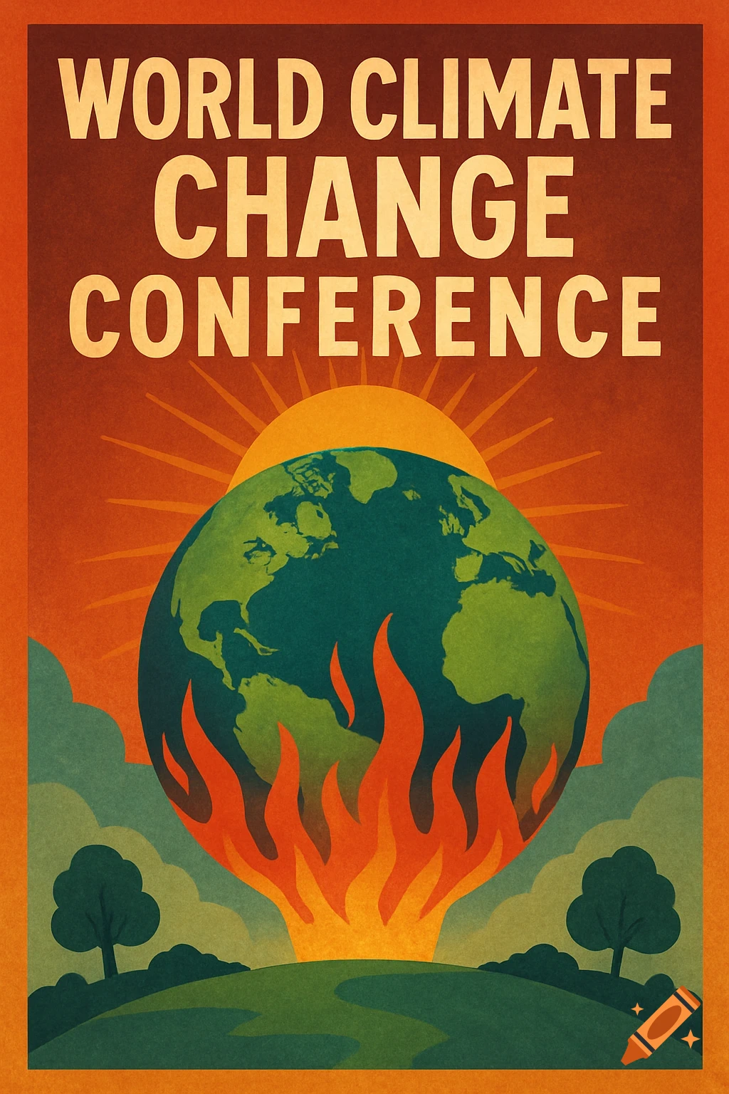 Poster for World Climate Change Conference showing Earth on fire.