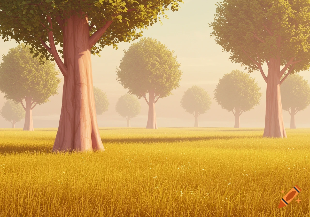 A field with golden grass and stylized trees under a hazy sky.