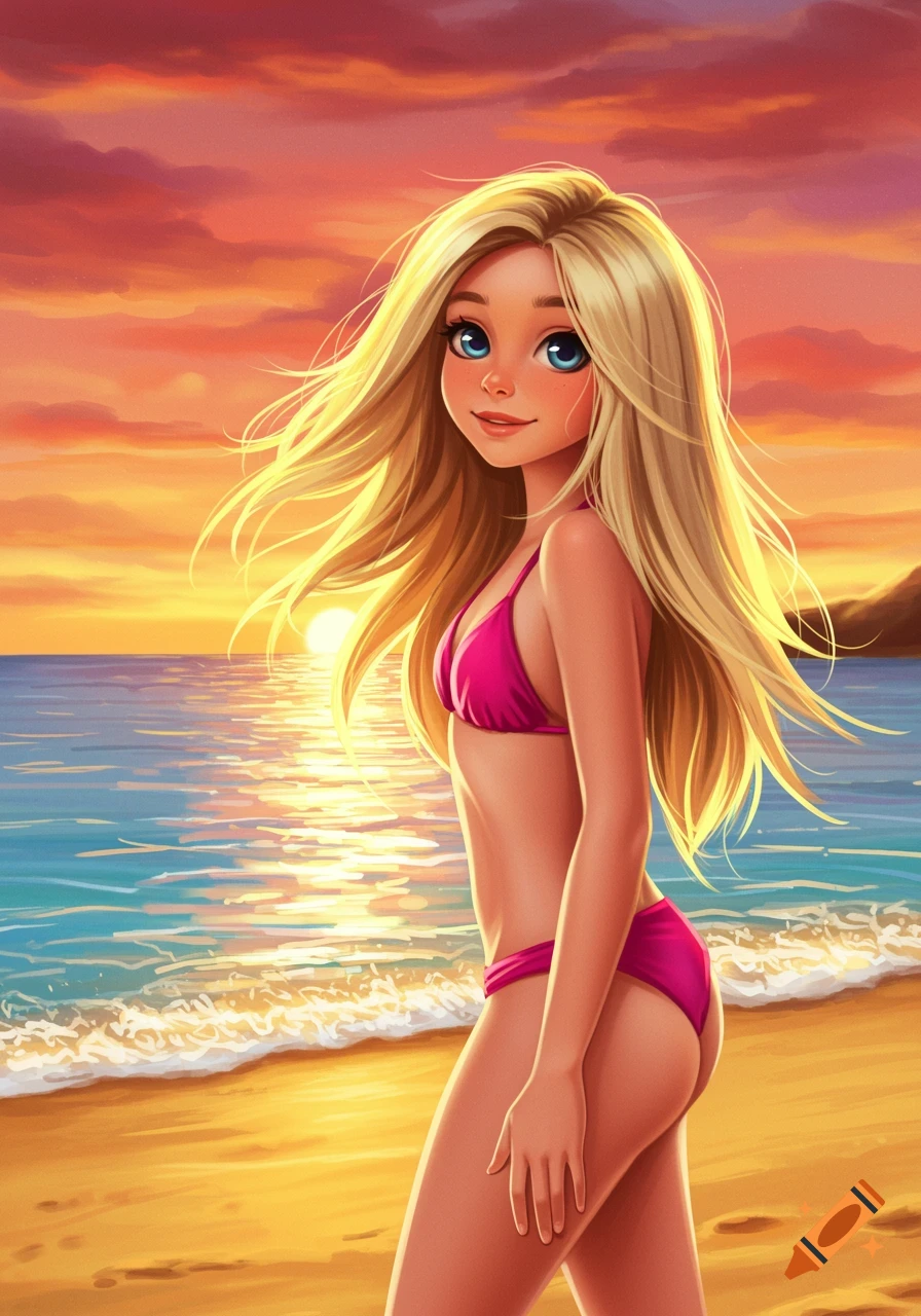 Cartoon girl in pink bikini on beach at sunset.