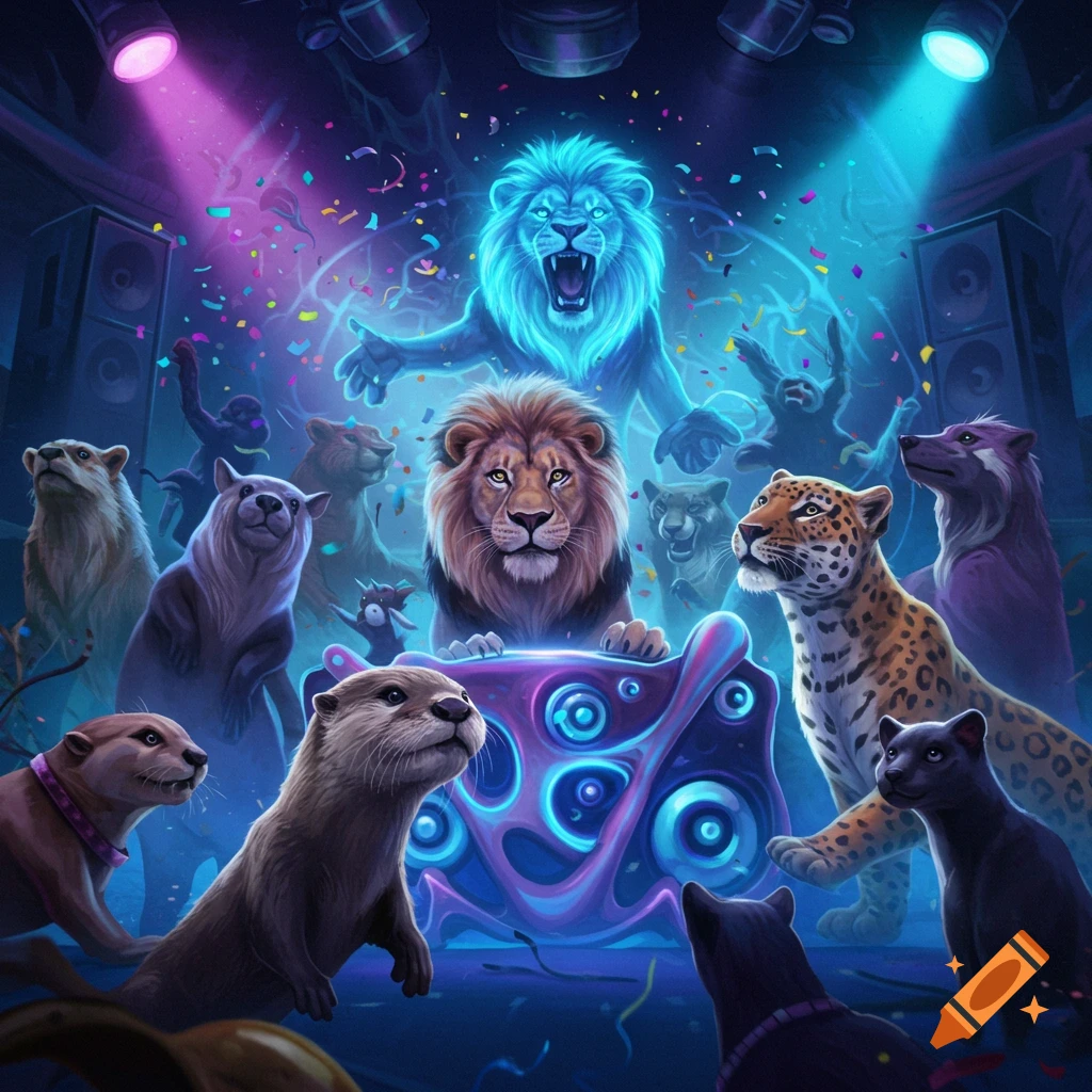 Animals including lions, otters, and big cats party under blue and purple lights with confetti.