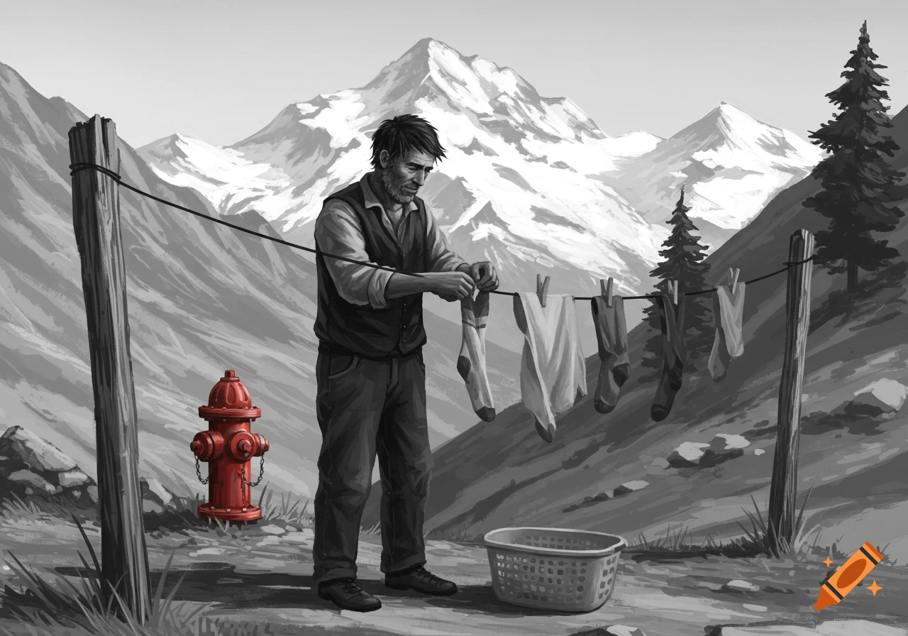 Illustration of a man hanging laundry in a mountain landscape with a red fire hydrant in black and white.