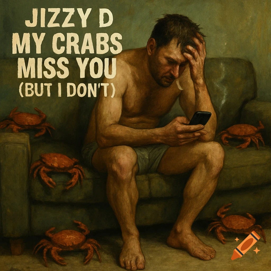 Painting of a sad man on a sofa with crabs looking at his phone and album text.