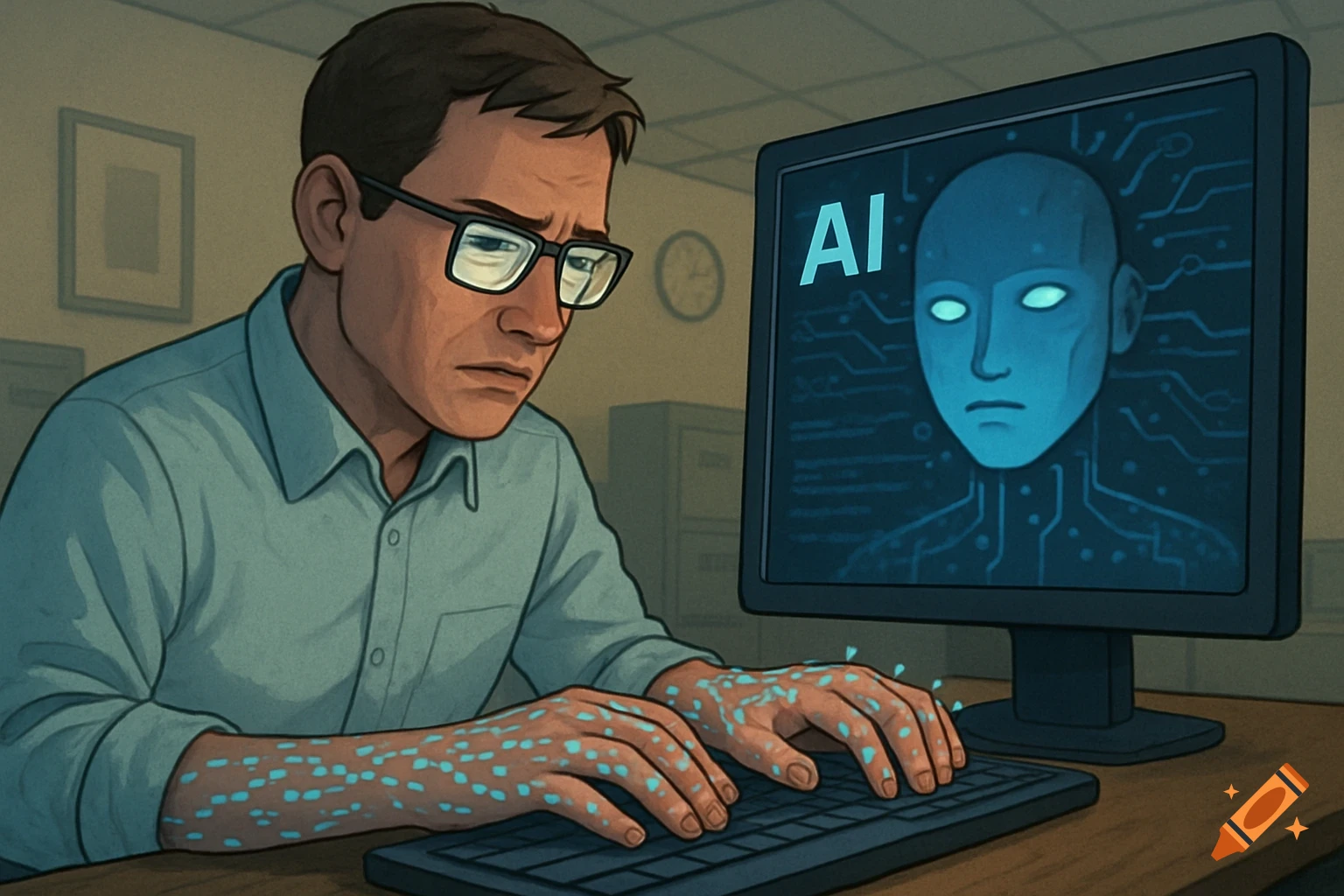 Illustration of a man typing on a computer with blue digital patterns on his hands, looking at a screen with an AI face and circuit board graphic.