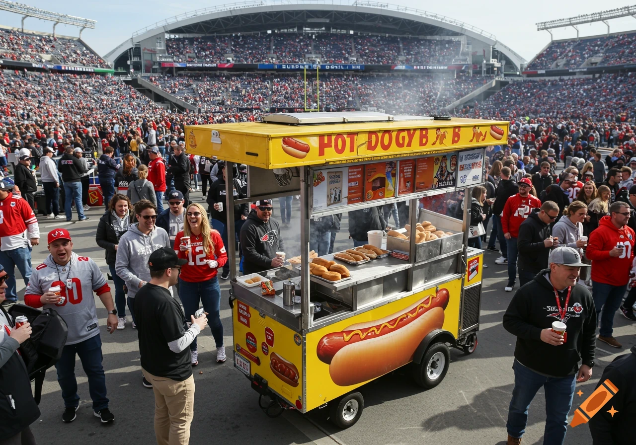 A hot dog cart is surrounded by a crowd of people outside a stadium.
