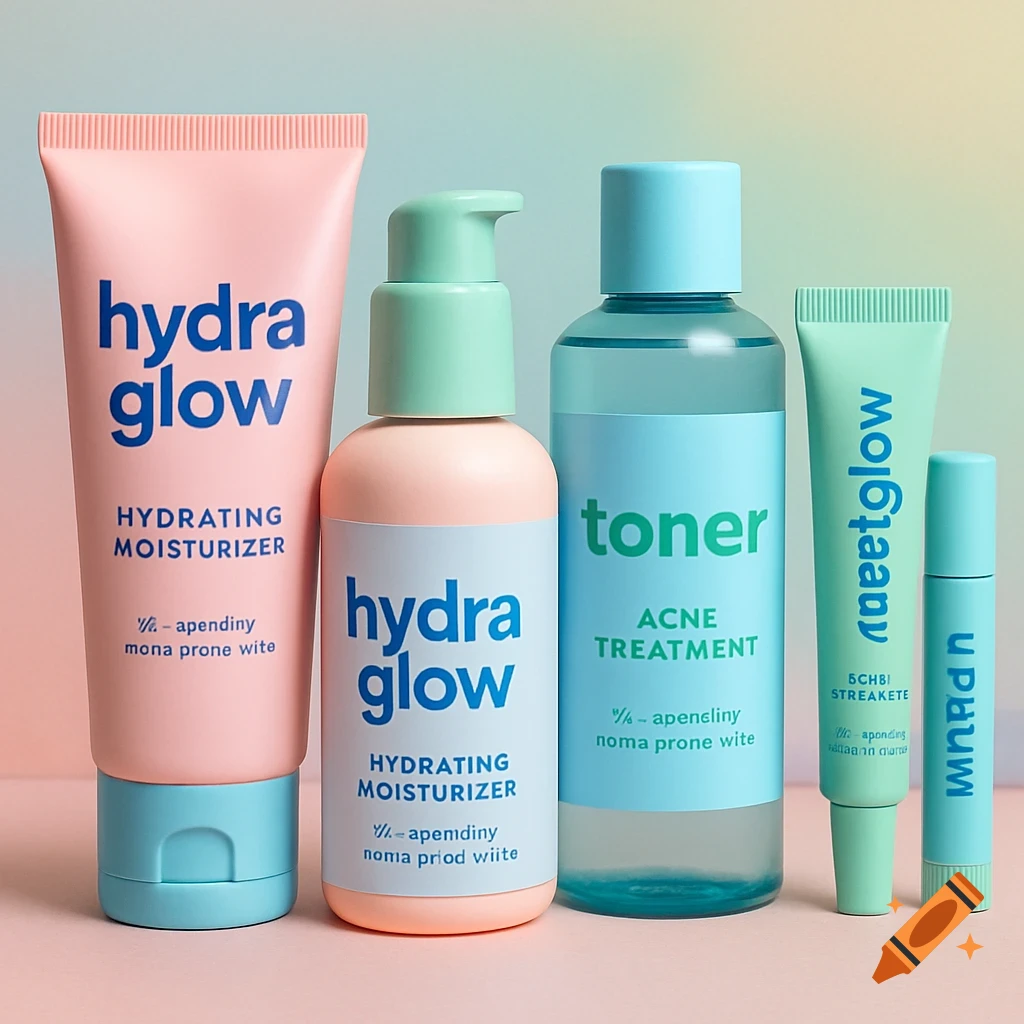 Collection of skincare products in pink, light blue, and mint green packaging.