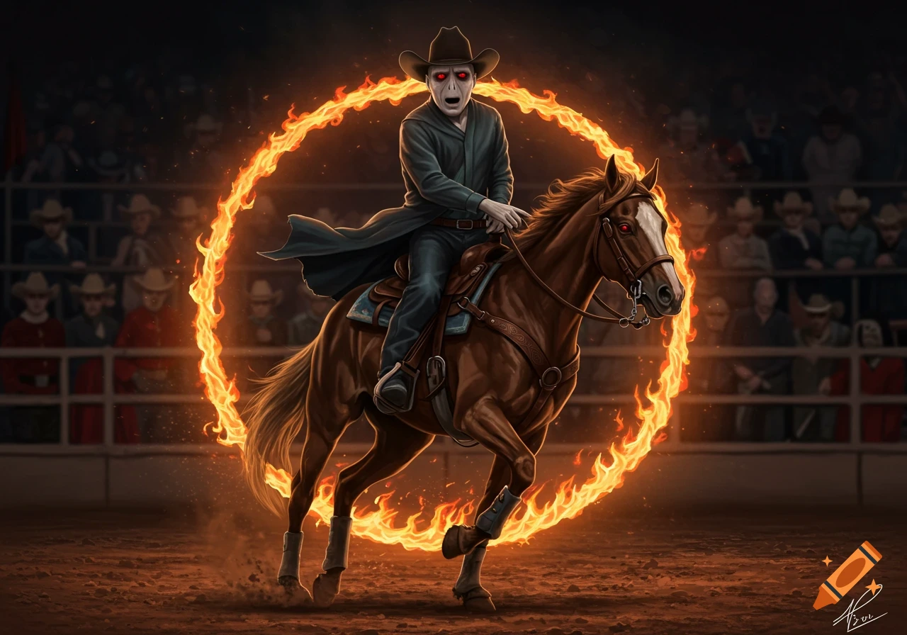 Pale cowboy with red eyes rides horse through fire hoop in rodeo arena