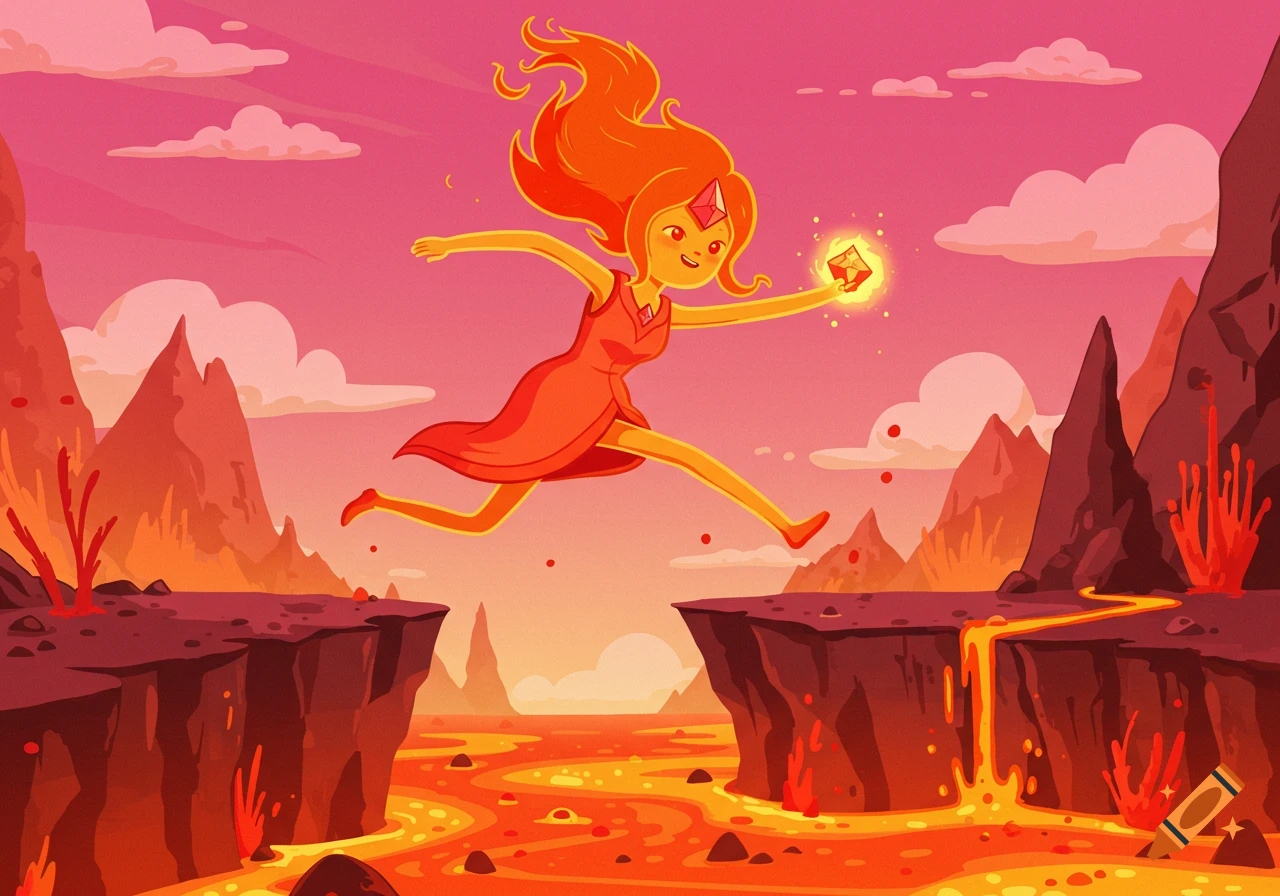 Flame Princess from Adventure Time jumps over a river of lava in a cartoon style.