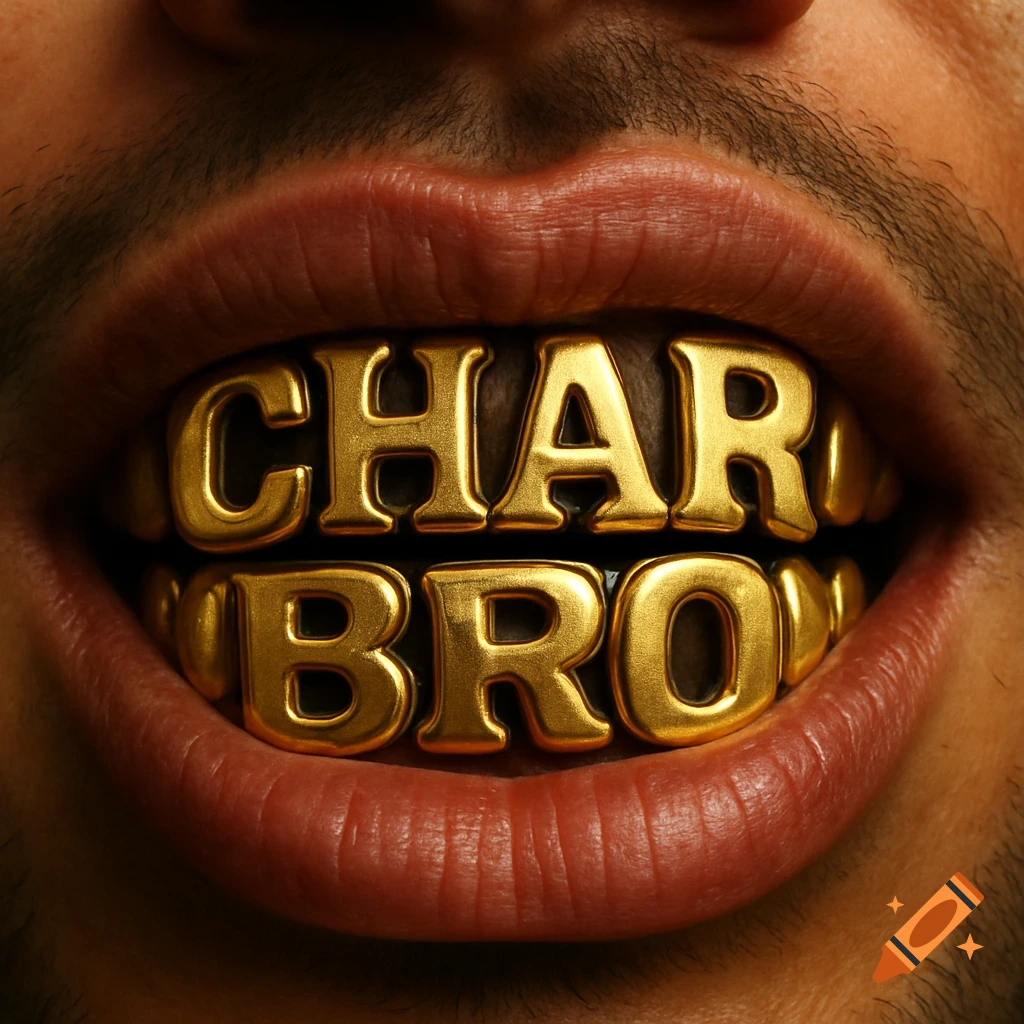 Close up of a mouth with gold grills spelling out 'Char Bro'