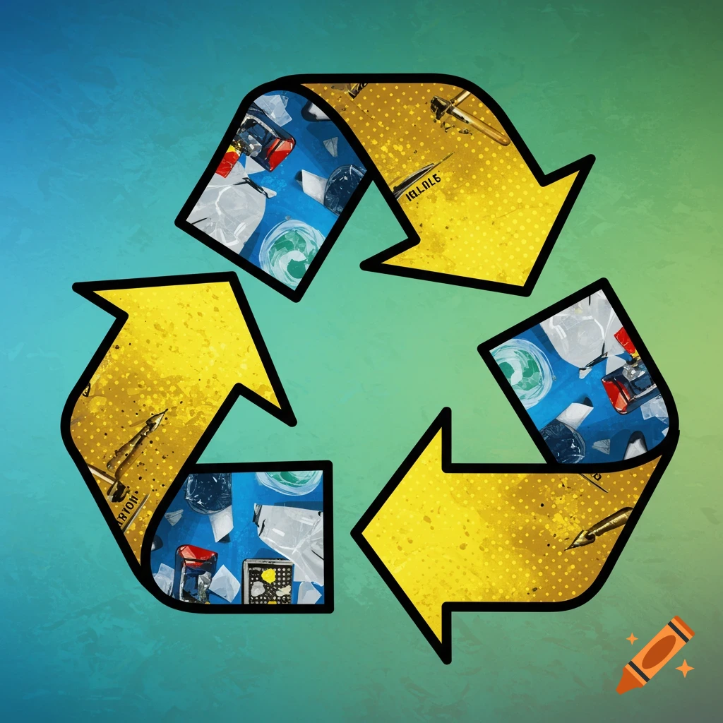 Recycling symbol filled with trash on a textured background.