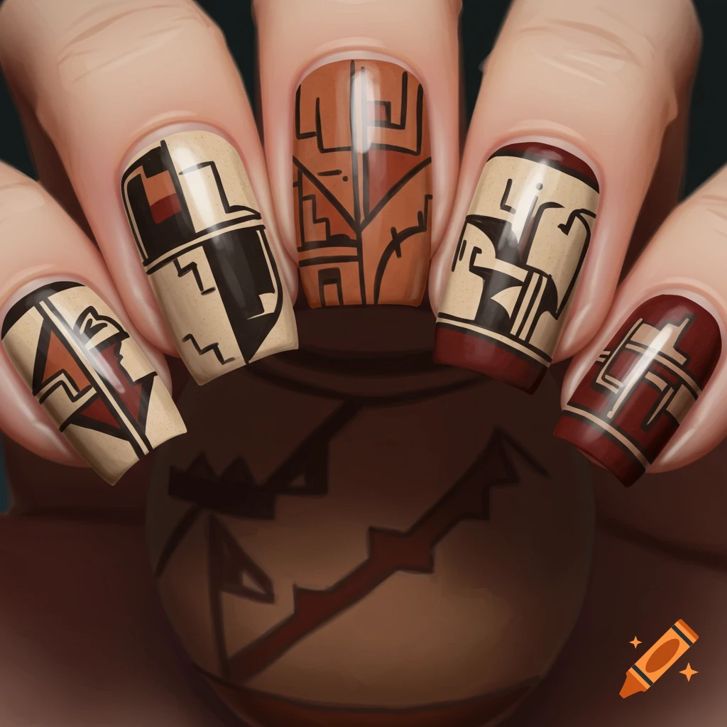 Close-up of hands with nail art featuring abstract patterns resembling pottery designs.