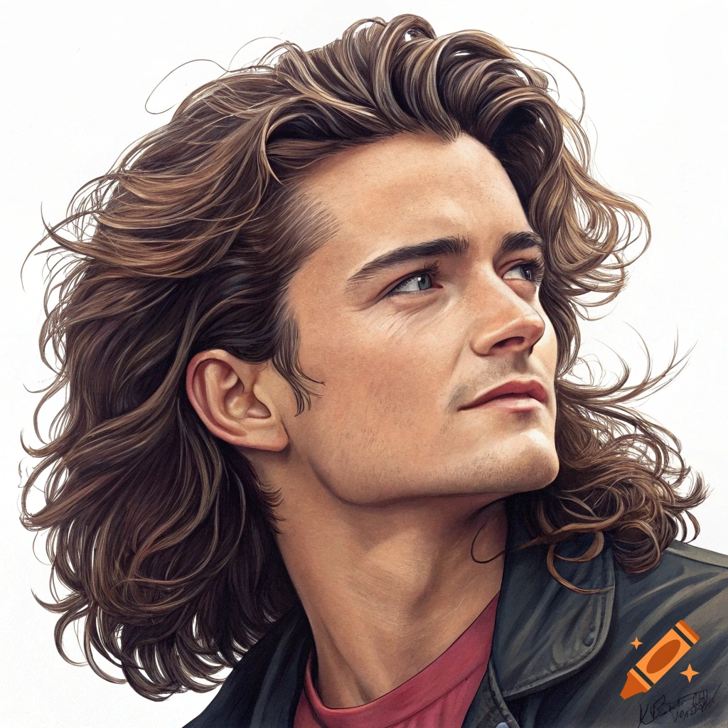 Portrait of a man with long wavy brown hair looking up, wearing a jacket.