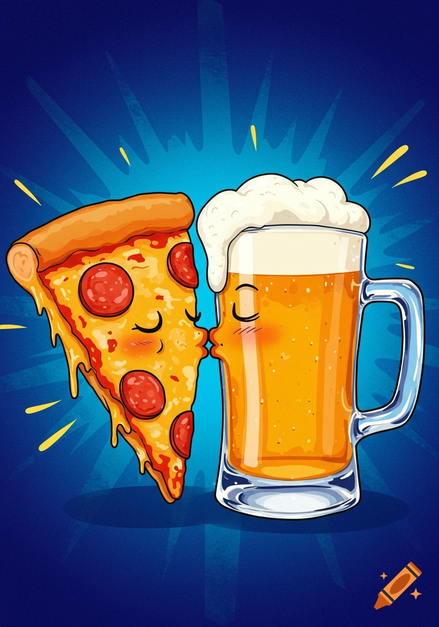 Cartoon illustration of a pizza slice and a beer mug kissing against a blue background.