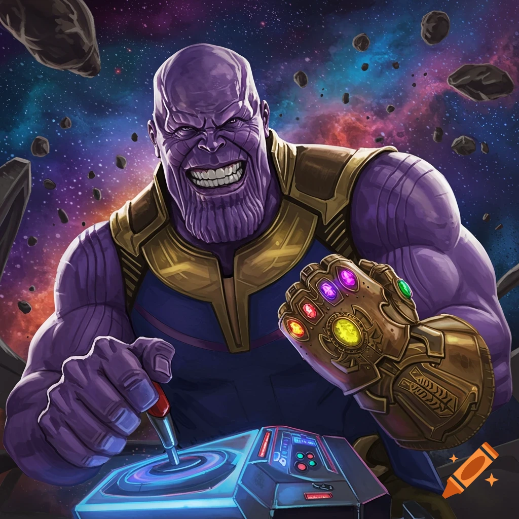 Thanos playing a video game in space.