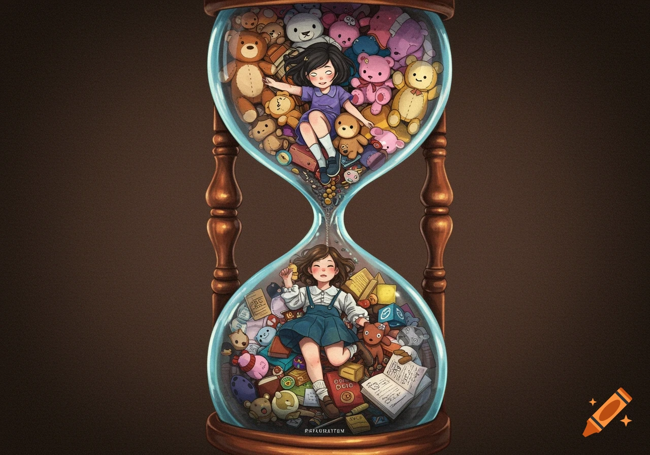An illustration of an hourglass with a young girl among stuffed animals in the top and an older girl among books in the bottom.