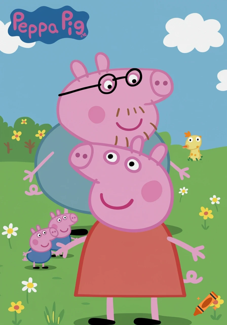 Daddy Pig, Peppa Pig, and George in a field with flowers and a duck