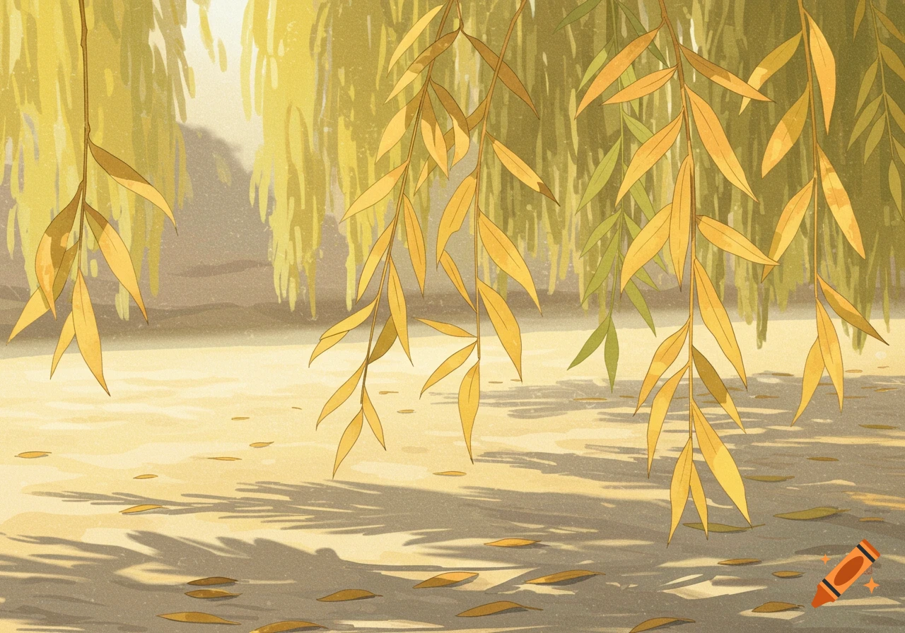 Golden willow leaves hang over shaded ground with fallen leaves, in an illustrative style.