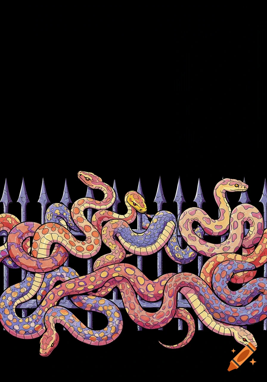 Colorful snakes are tangled with a spiked fence in an illustration.