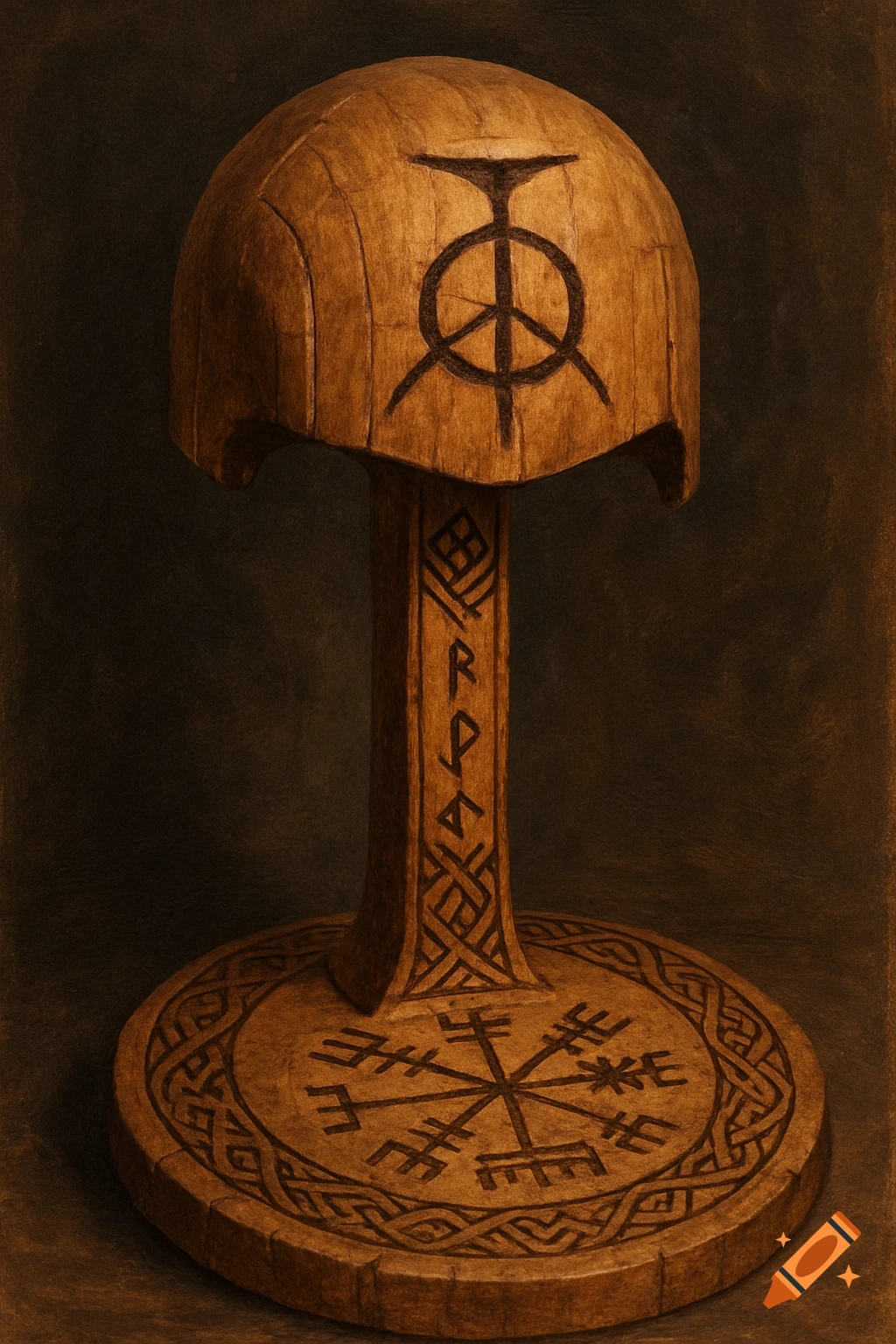 Wooden helmet stand with carved Nordic and rune markings