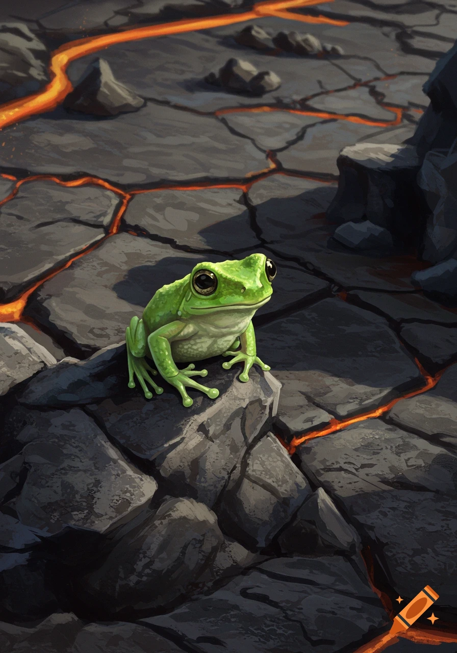 A green frog sits on a dark rock in a dry lava landscape with glowing lava cracks.
