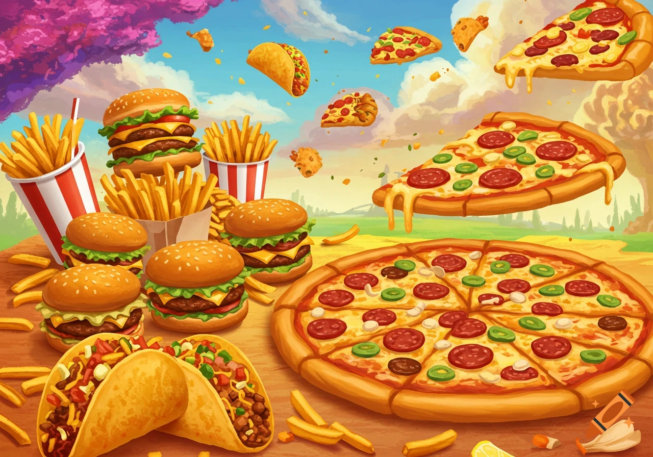 A vibrant illustration of a table overflowing with burgers, fries, pizza, and tacos, with some food floating in the sky.