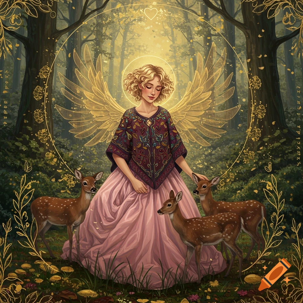 Ethereal woman with golden wings and halo stands in a forest with deer, surrounded by glowing golden vines.
