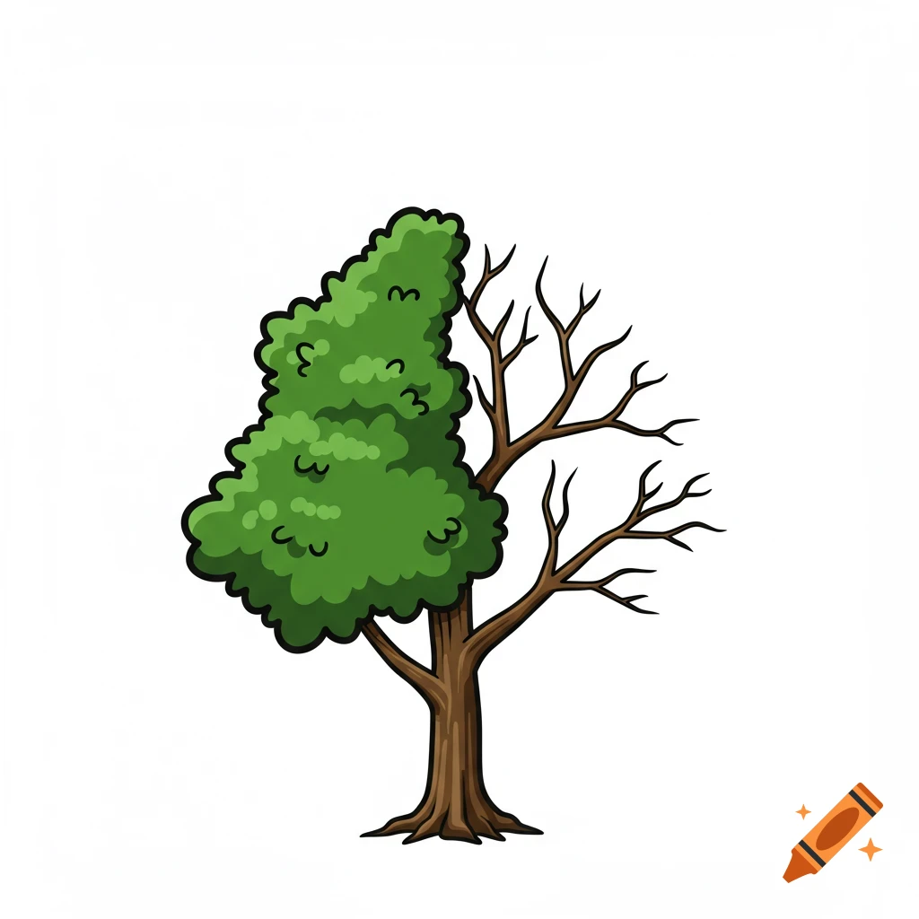 Cartoon tree with green leaves on one side and bare branches on the other