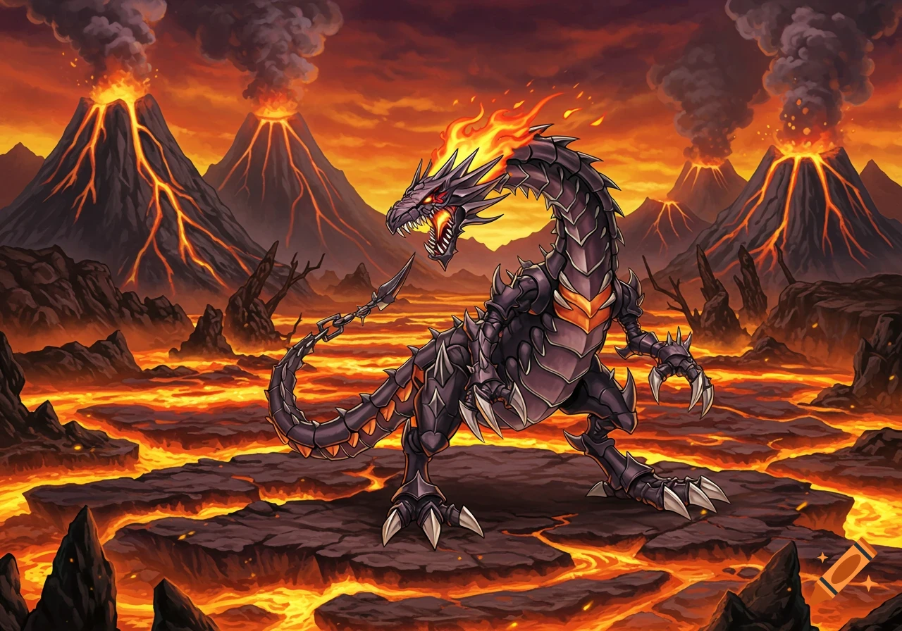 A dark armored dragon stands in a volcanic landscape with lava rivers and erupting volcanoes.