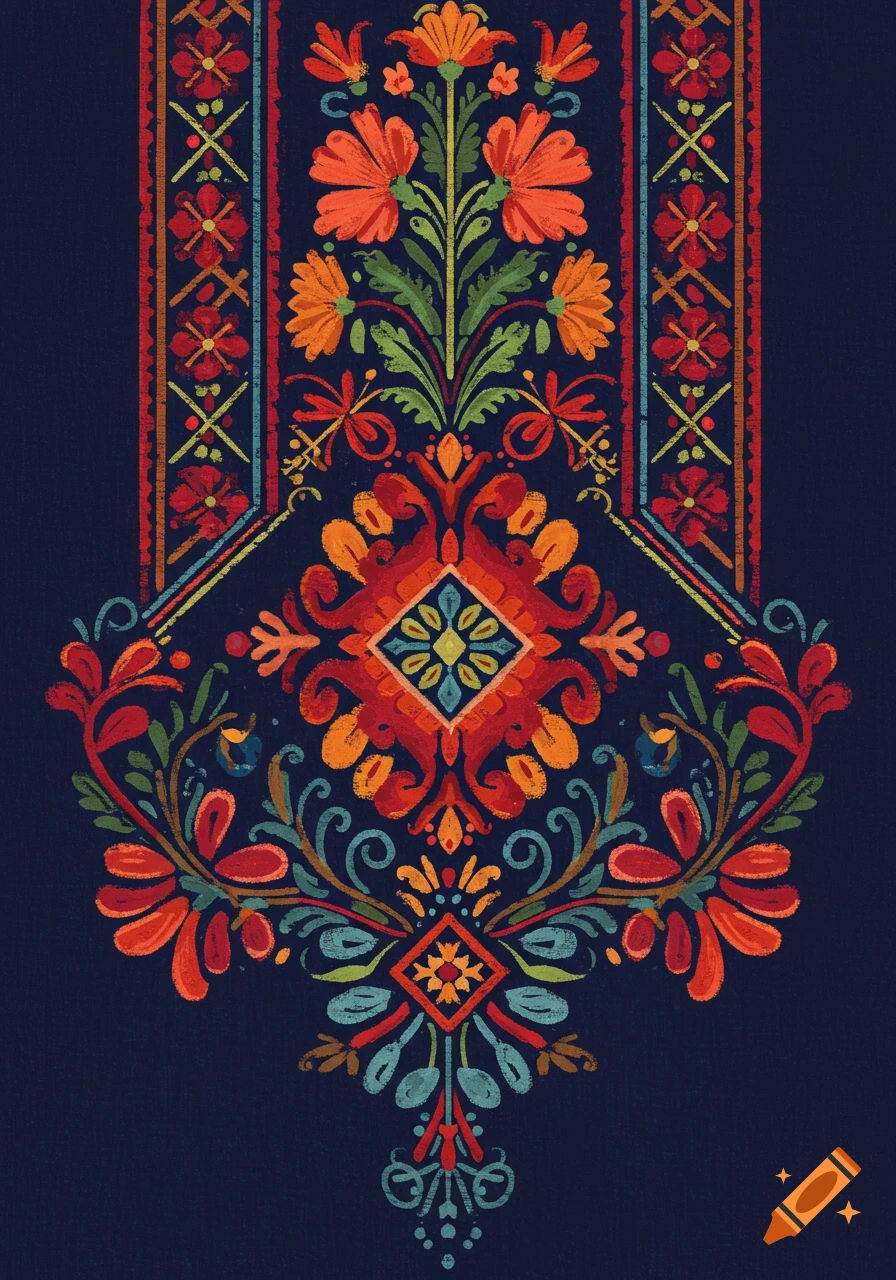Colorful European folk embroidery pattern with floral and geometric motifs in red, orange, green, and blue on a dark blue background.