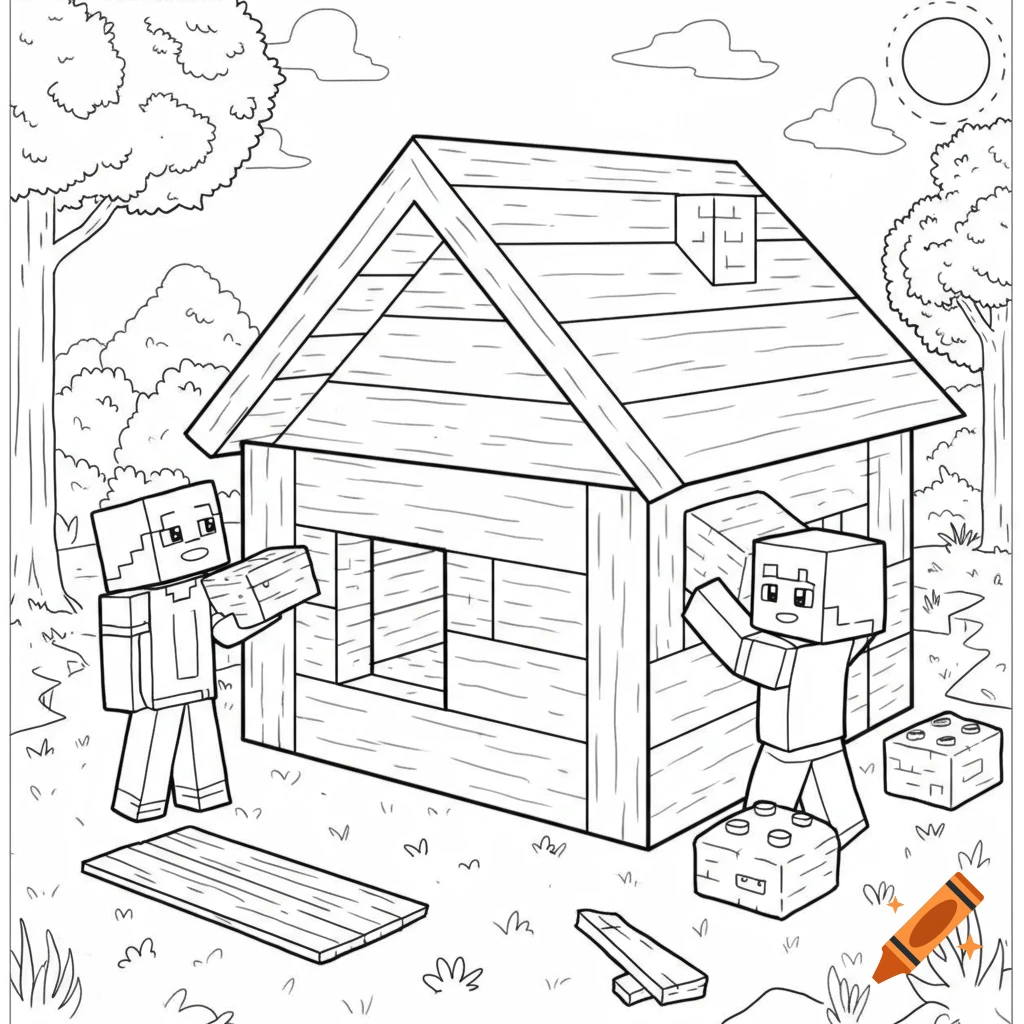 Black and white coloring page of Minecraft characters building a wooden house.