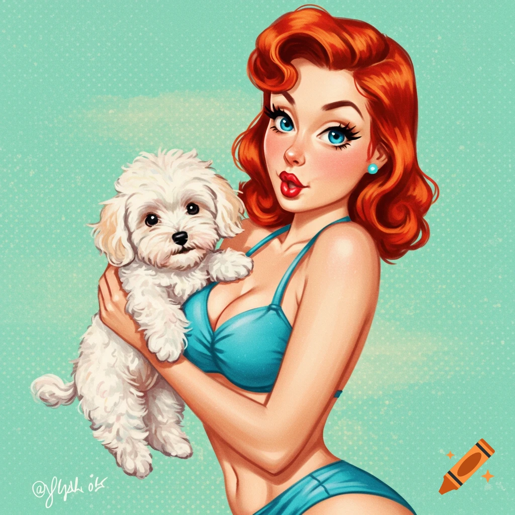 Pin-up illustration of a red-haired woman in a blue bikini holding a white puppy.