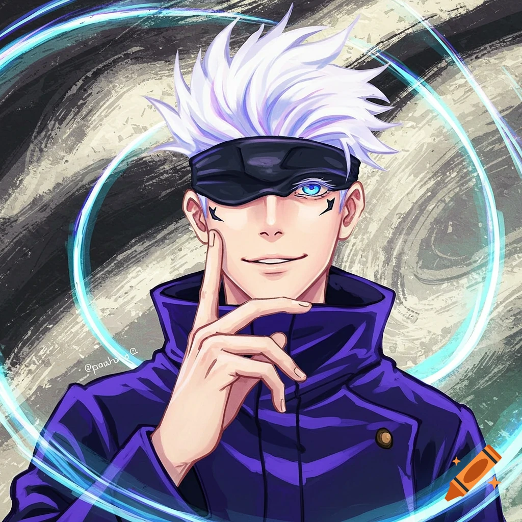 Anime portrait of Satoru Gojo with white hair, blindfold, and one blue eye, surrounded by blue energy