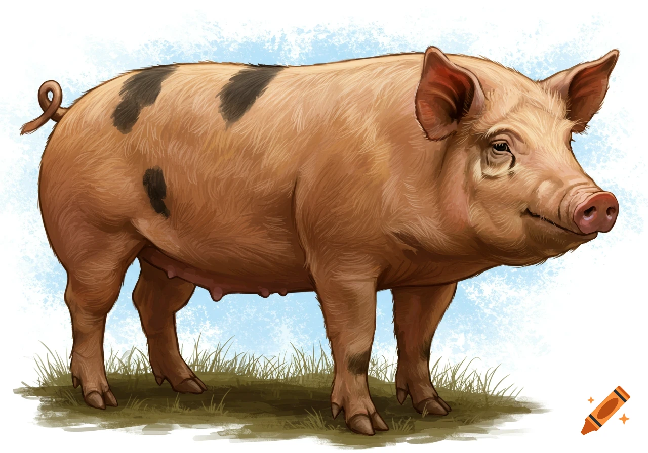 Illustration of a brown and black spotted pig standing in grass against a blue sky background.