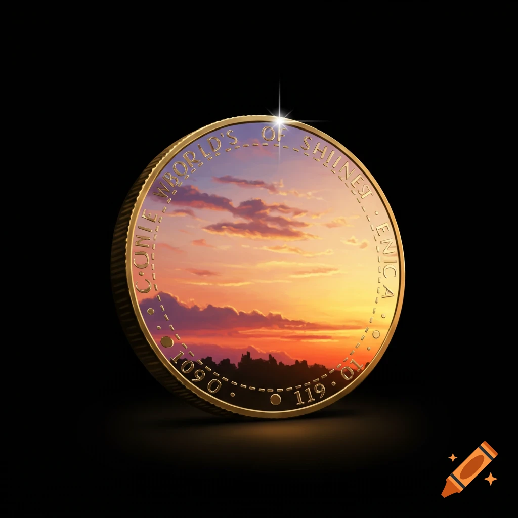 Golden coin reflecting a sunset landscape on a black background