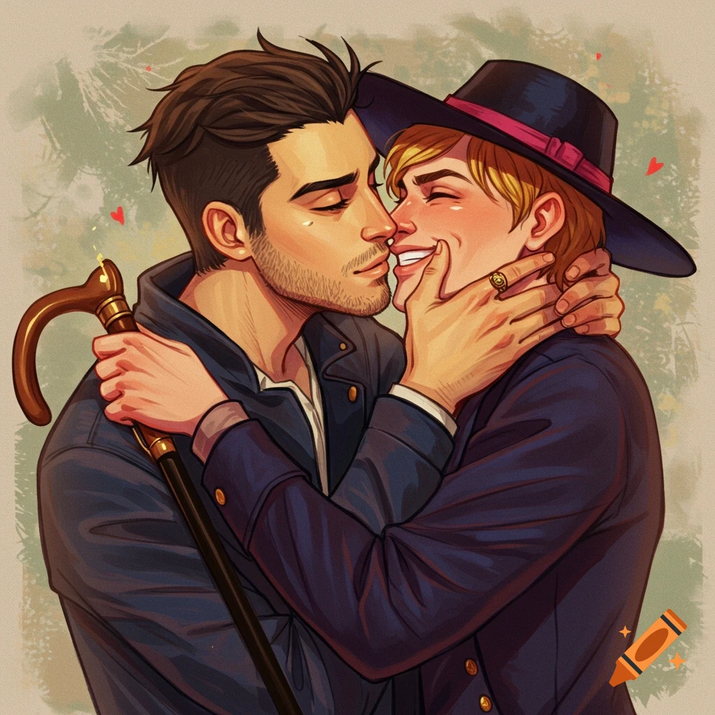 Illustration of two men kissing, one in a hat, the other holding a cane.