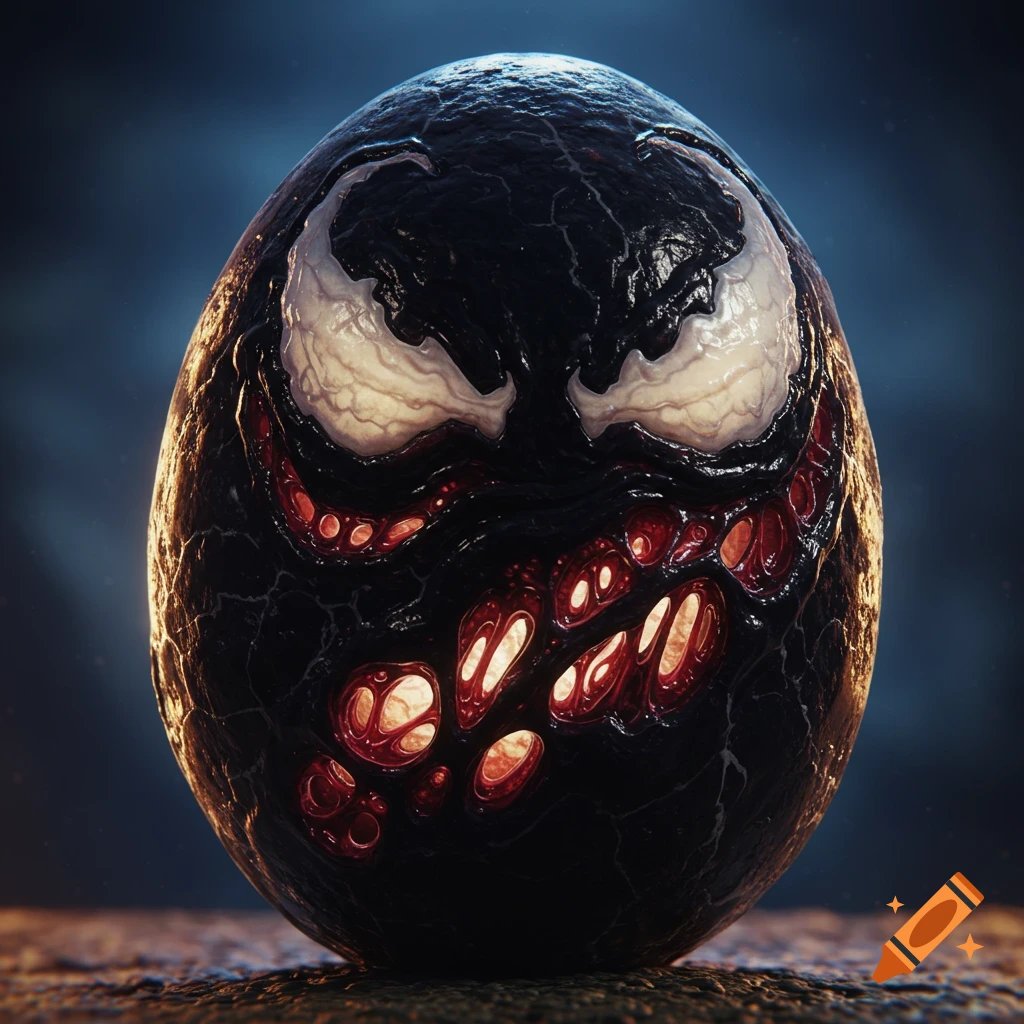 A dark egg textured like the Marvel character Venom, with white eyes and glowing red teeth.